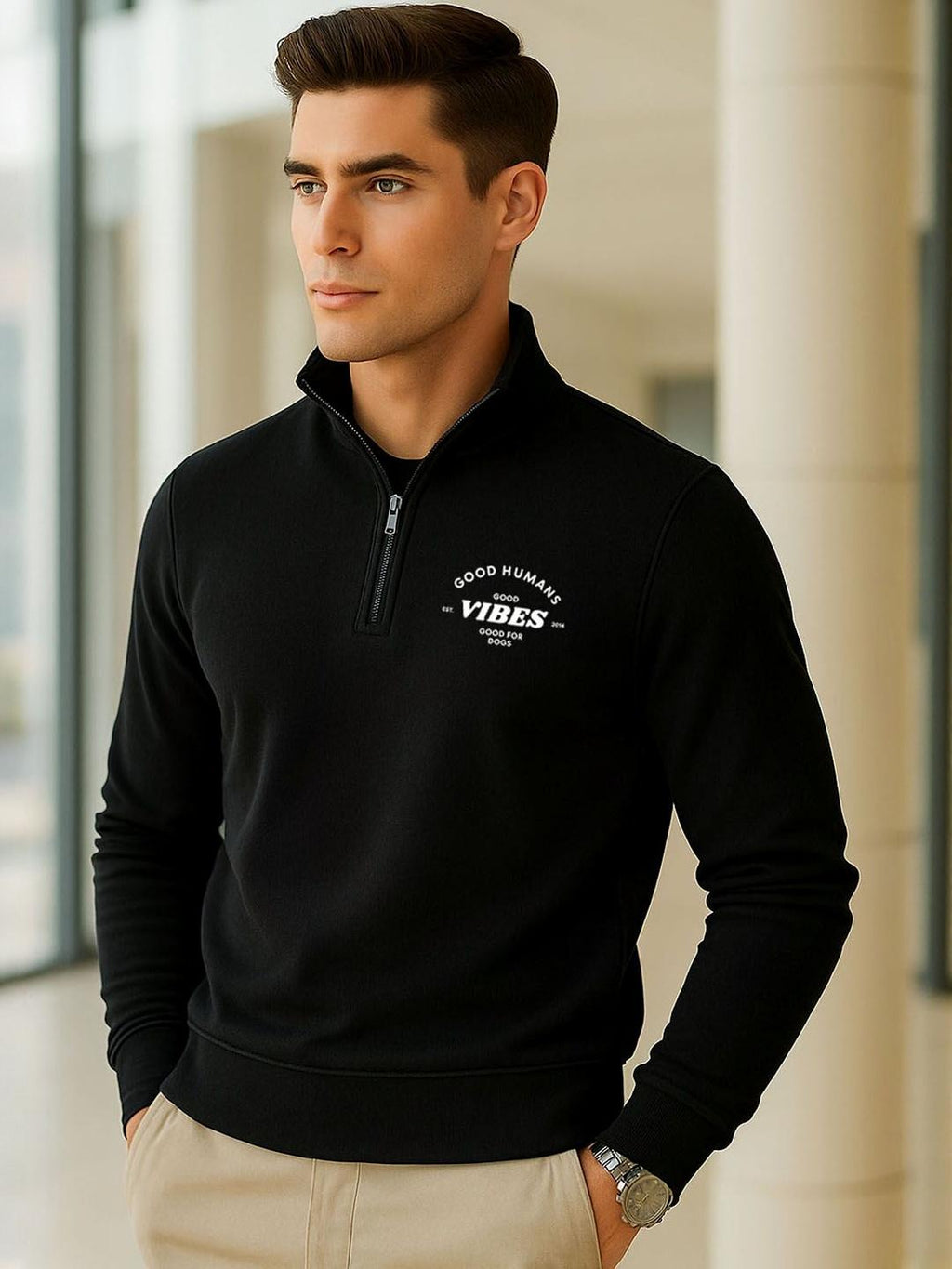 Men’s Black California Printed High Neck Zipper Sweatshirt